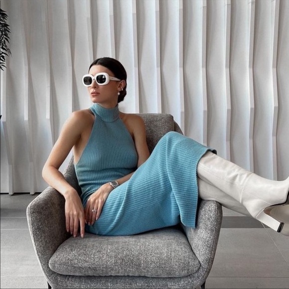 Zara Blue Tube Halter Fitted Midi Dress Size XS-S - Picture 5 of 16